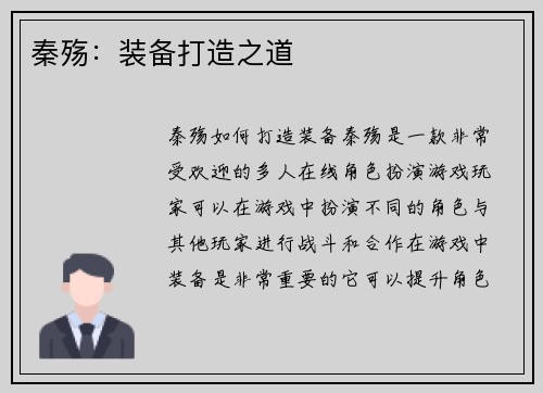 秦殇：装备打造之道