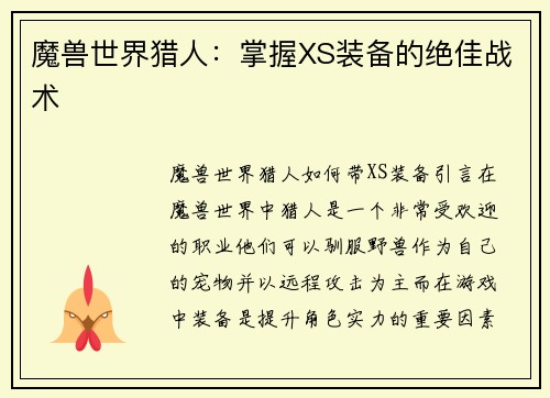 魔兽世界猎人：掌握XS装备的绝佳战术